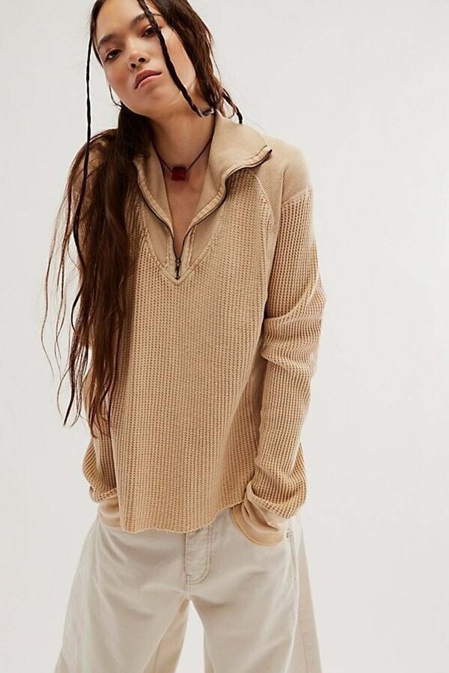Free People FP One Ashton Zip Thermal Long Sleeve Relaxed Ribbed Top